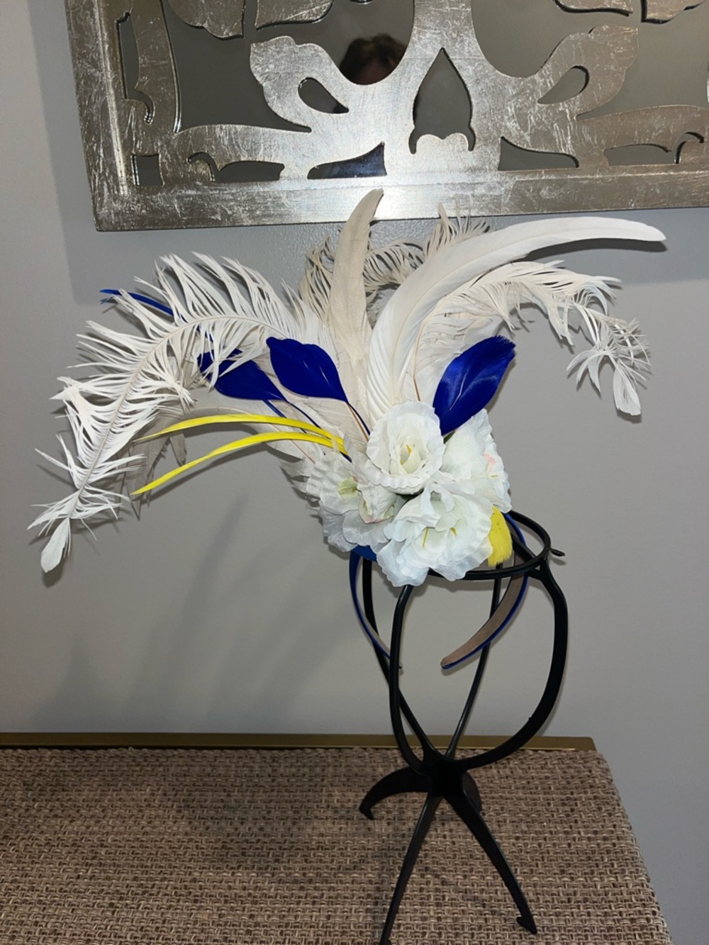 White Derby Fascinator with Blue & Yellow Accents